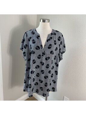 Torrid Womens Plus 3X Skull Plaid Tunic Top Short Sleeve Black White V Neck